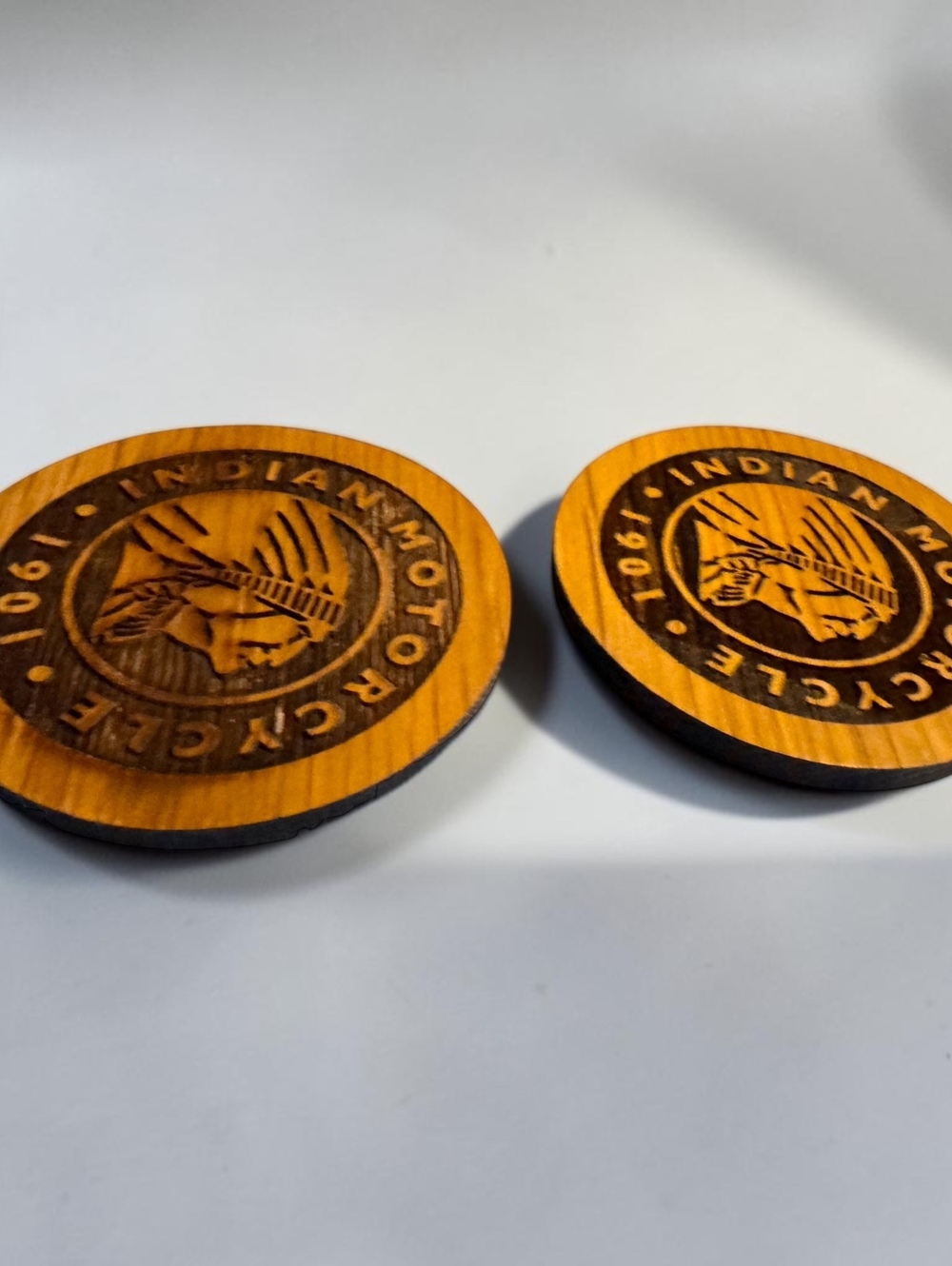 Indian Motorcycle 1901 Logo Wooden Coasters Set of 2 Engraved Wood Biker Decor